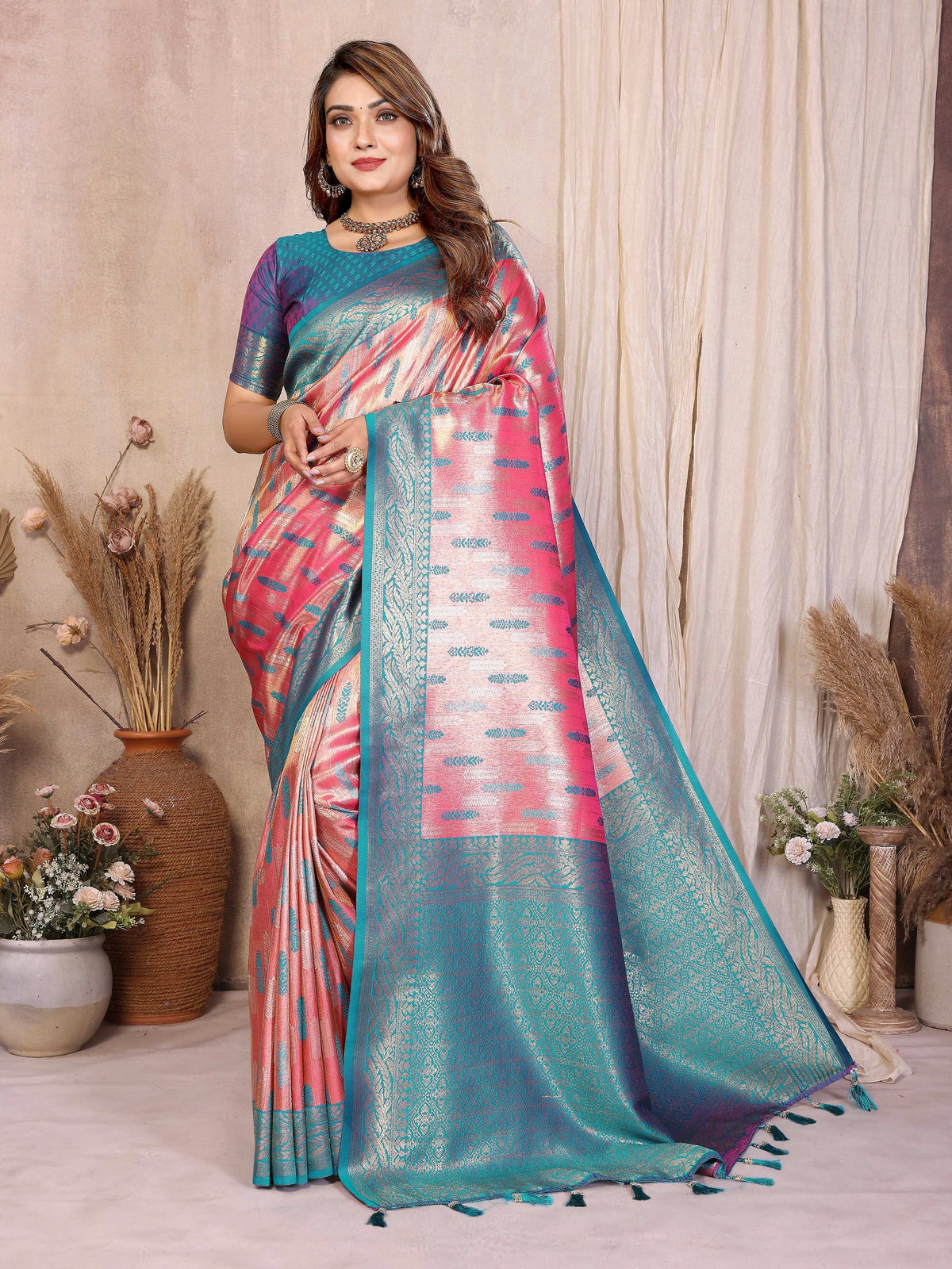 Aastha Fashion Pink Tissue Silk Paithani Woven Saree | Grocsy