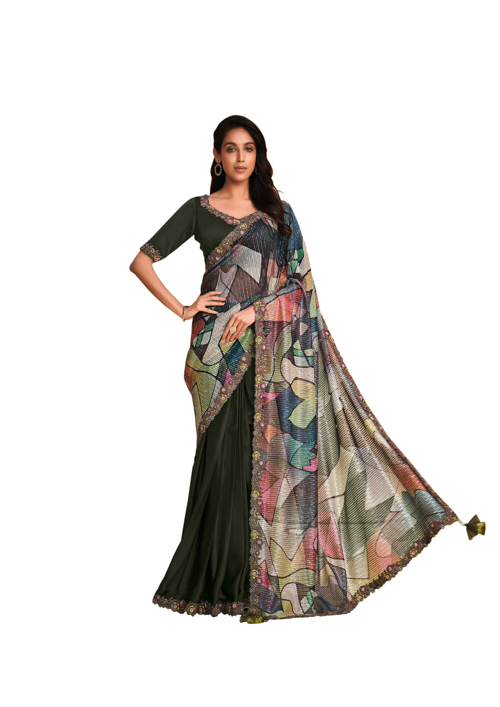 Green Satin Crepe Silk Sequence Embroidered Saree With Unstitched Blouse - Mohmanthan Yavanika | Grocsy