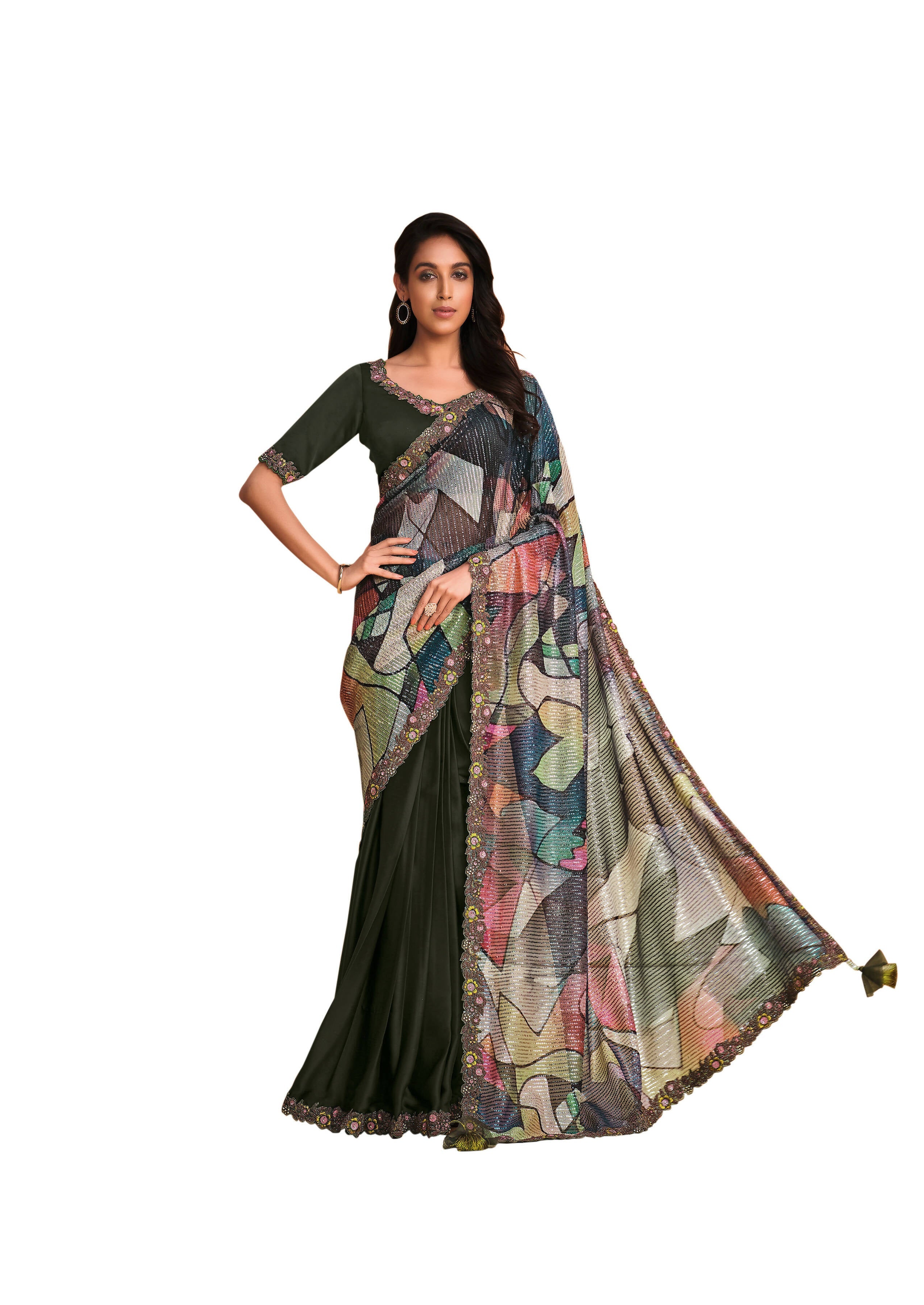 Green Satin Crepe Silk Sequence Embroidered Saree With Unstitched Blouse - Mohmanthan Yavanika | Grocsy
