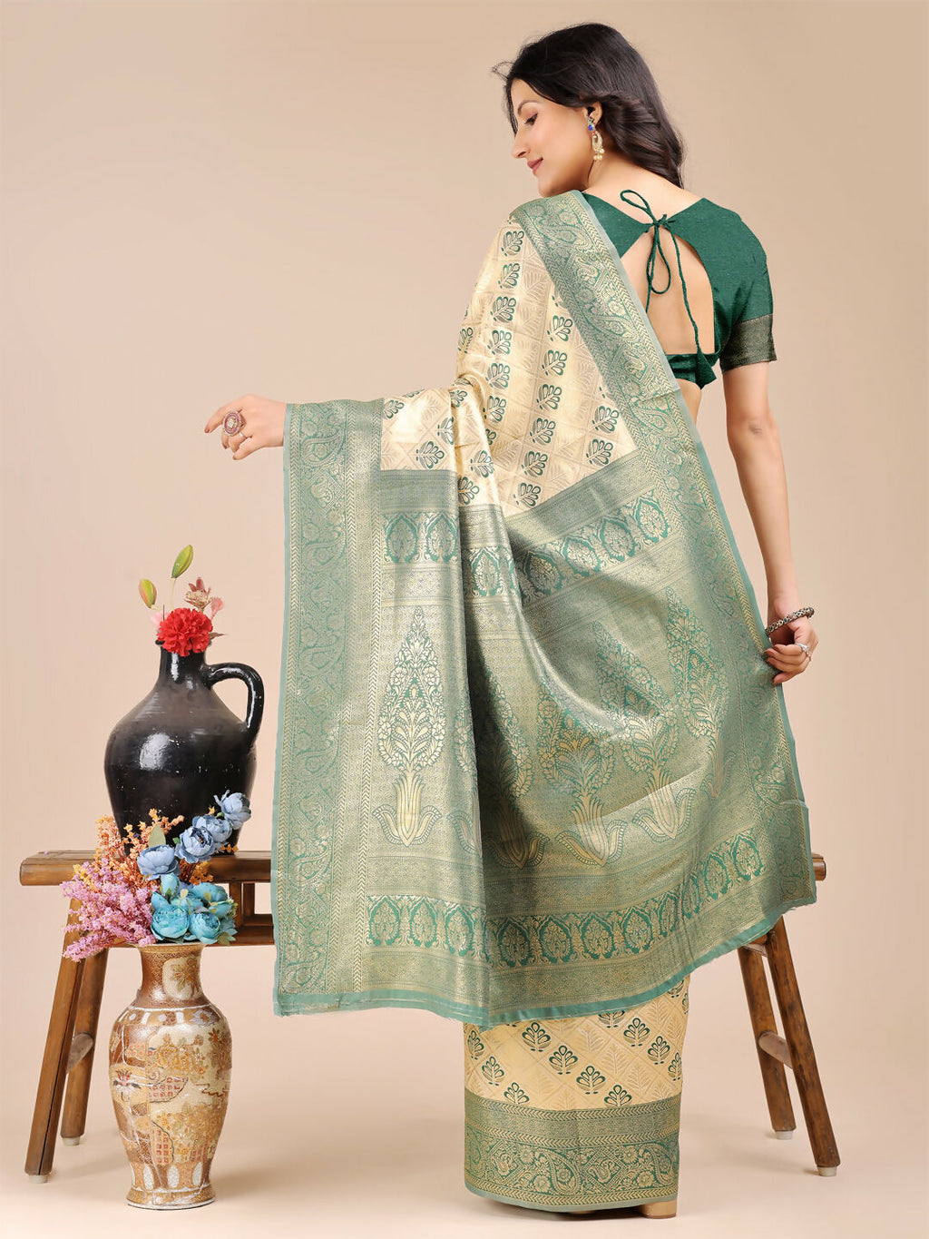 Shree Shyam Fashion Aura Silk Cream Green Banarasi Silk Saree | Grocsy