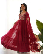 Teeya Creation Maroon Color Faux Georgette Heavy Multi Thread Work Functional Wear Gown | Grocsy