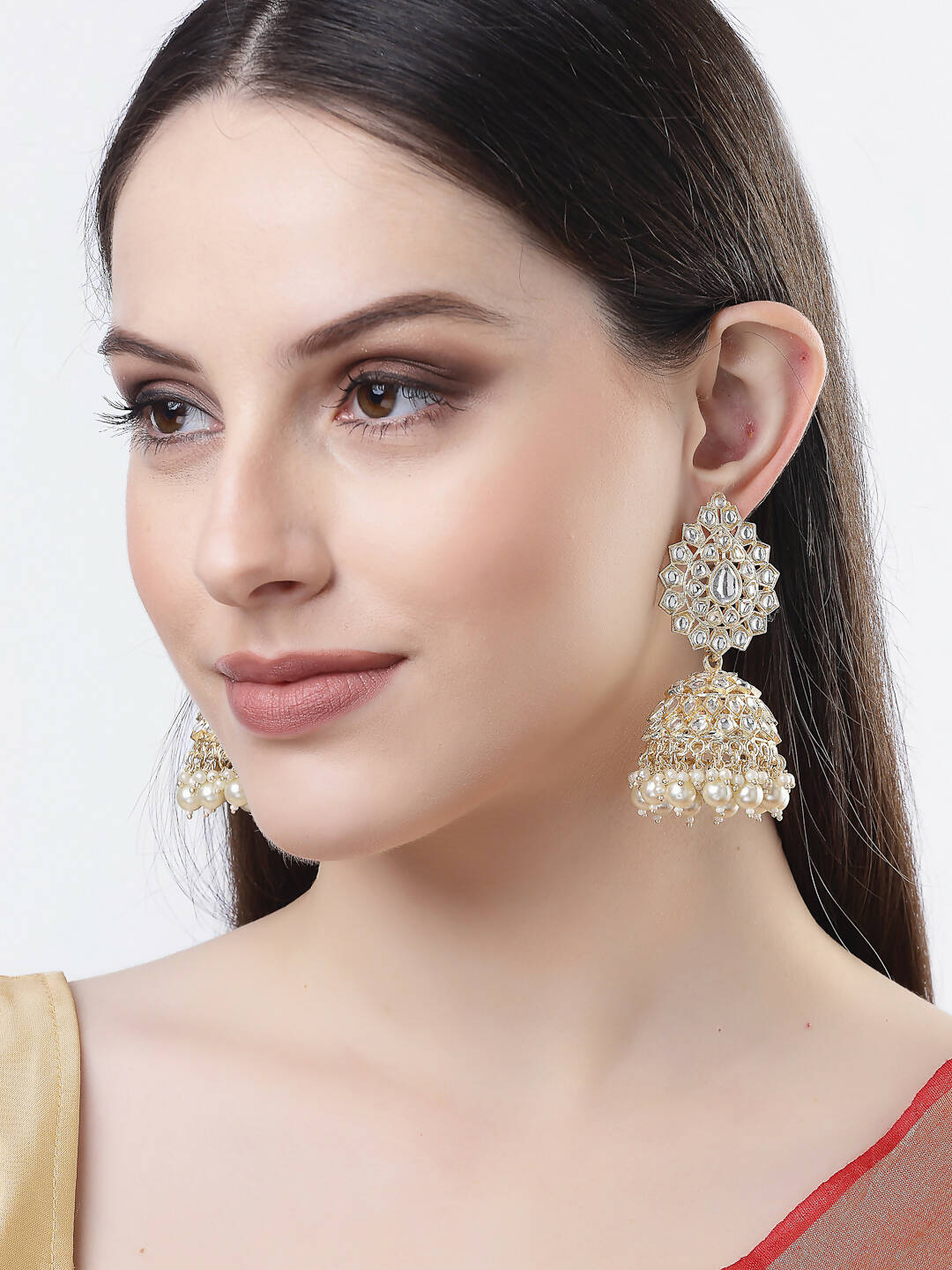 NVR Women Gold-Polished Handcrafted Kundan Jhumka Earrings | Grocsy