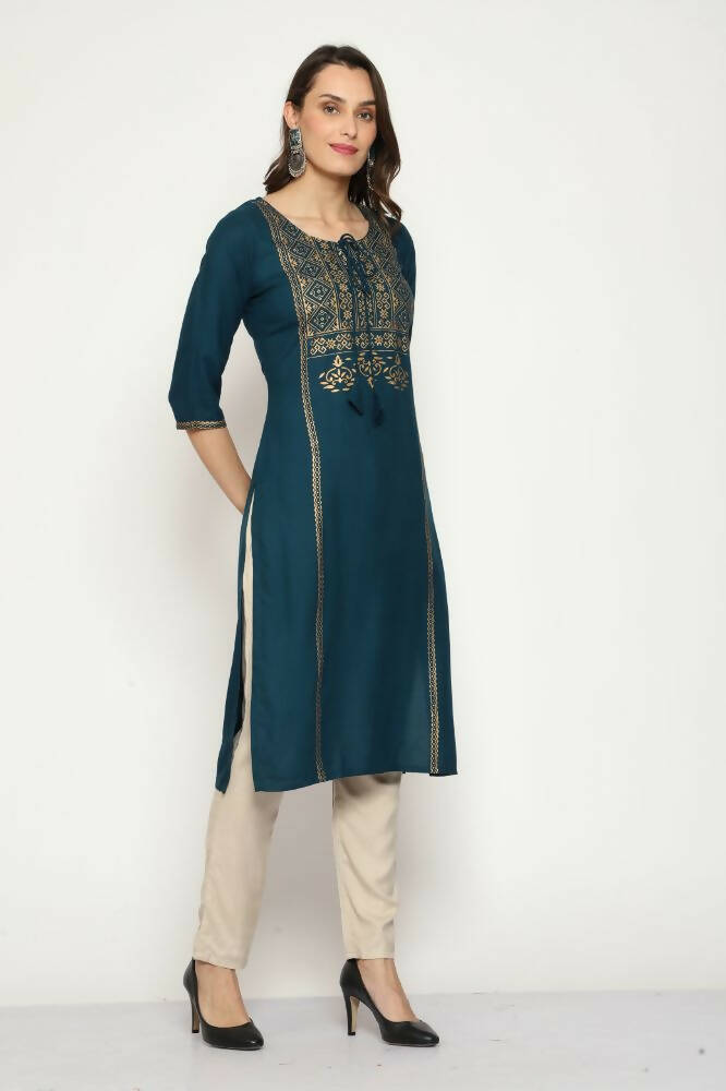 Maai Rayon Hand Printed Kurta Navy | Grocsy