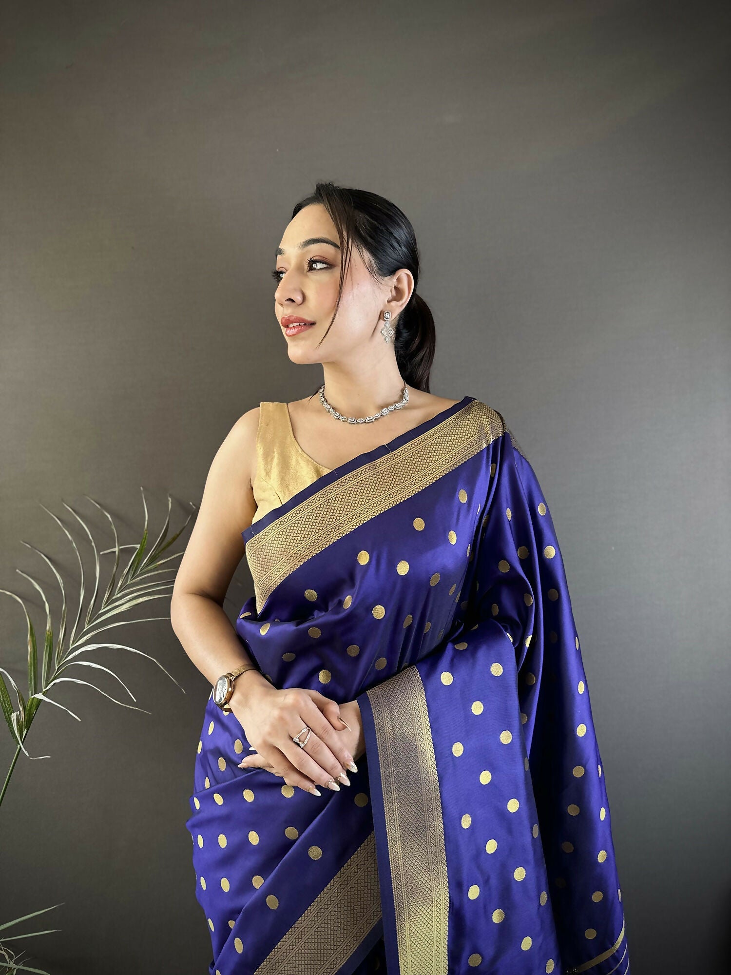 Joban Fashion Royal Blue Polka Dot Lichi Silk Paithani Silk Saree | Grocsy