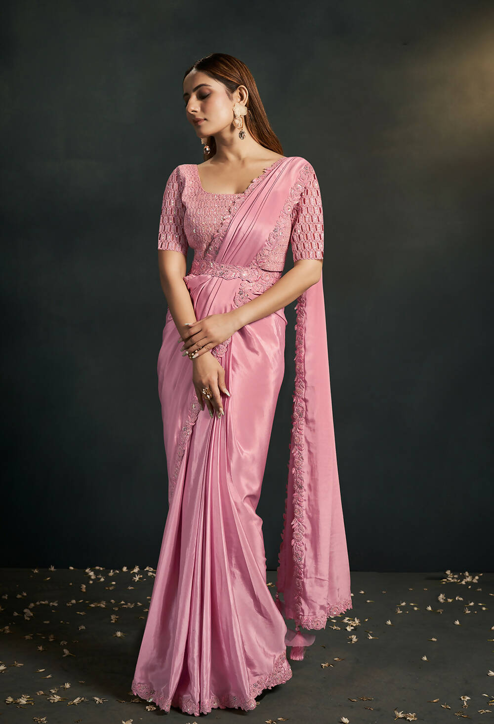Pink Silk Crepe Georgette Cord Sequence & Thread Embroidered & Stone Work Saree - Moh-Manthan Royal Enigma | Grocsy