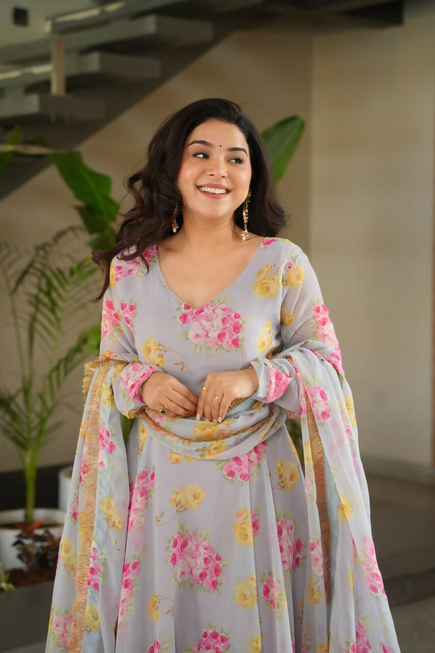 Vastranavya Light Grey Faux Georgette With Rich Flower Digital Print work Gown | Grocsy