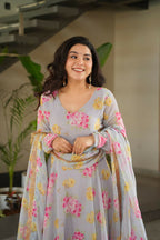 Vastranavya Light Grey Faux Georgette With Rich Flower Digital Print work Gown | Grocsy