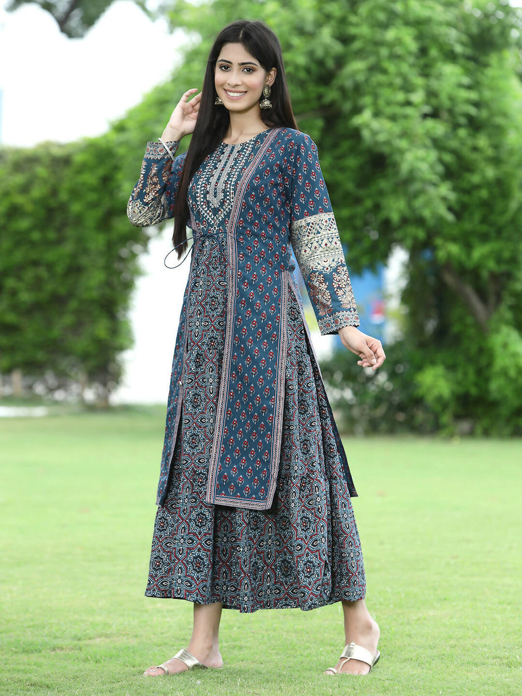Juniper Women Teal Chanderi Festive Printed Tiered Kurta | Grocsy
