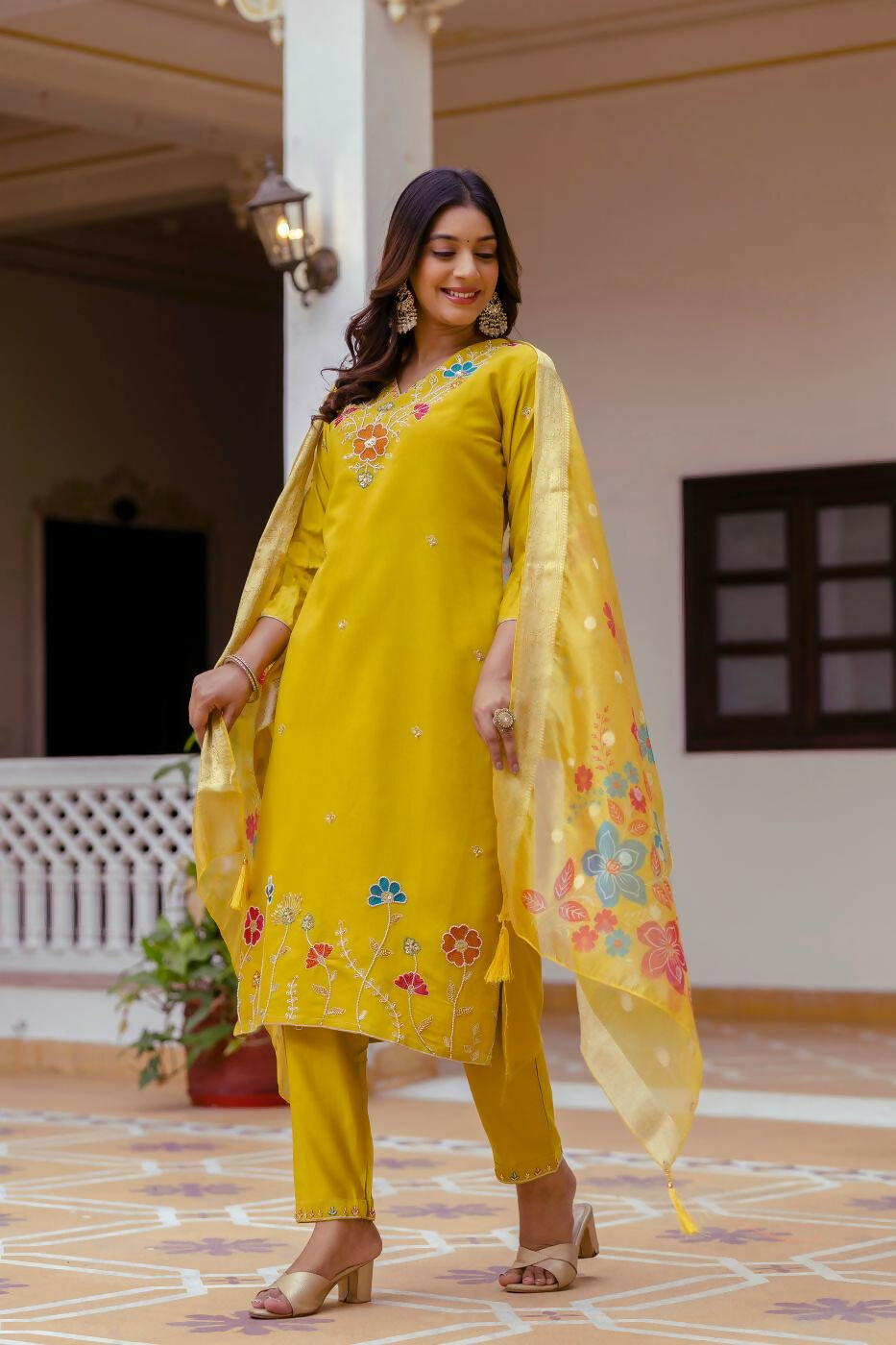 The52 Yellow Women's Gorgeous Embroidered work Viscose Gadhwal Fabric Straight Kurta, Pant and Dupatta Set | Grocsy