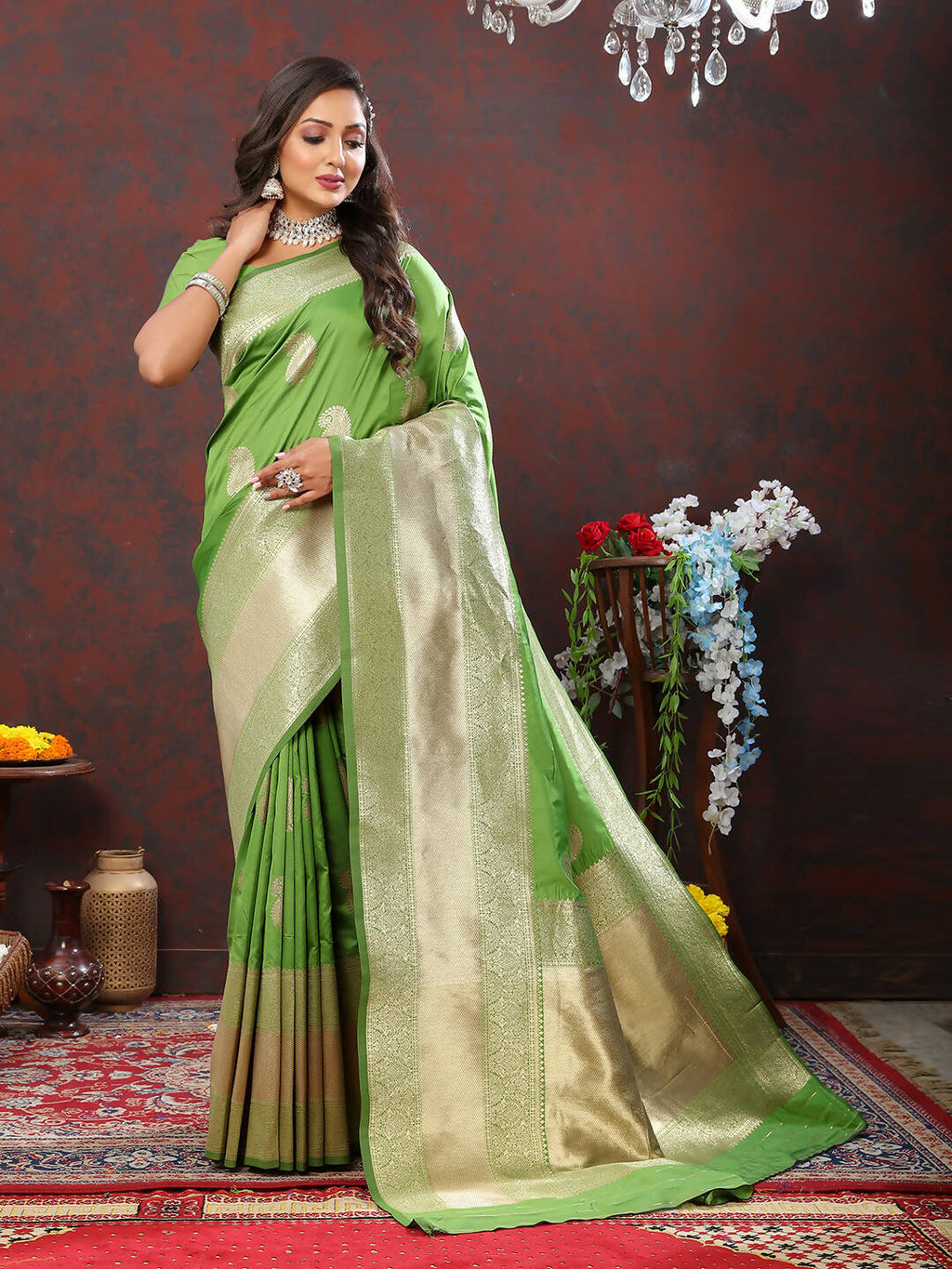 Lorenvalley Fashion Parotgreen Soft Silk Woven Design Gold Zari Weaving Saree | Grocsy