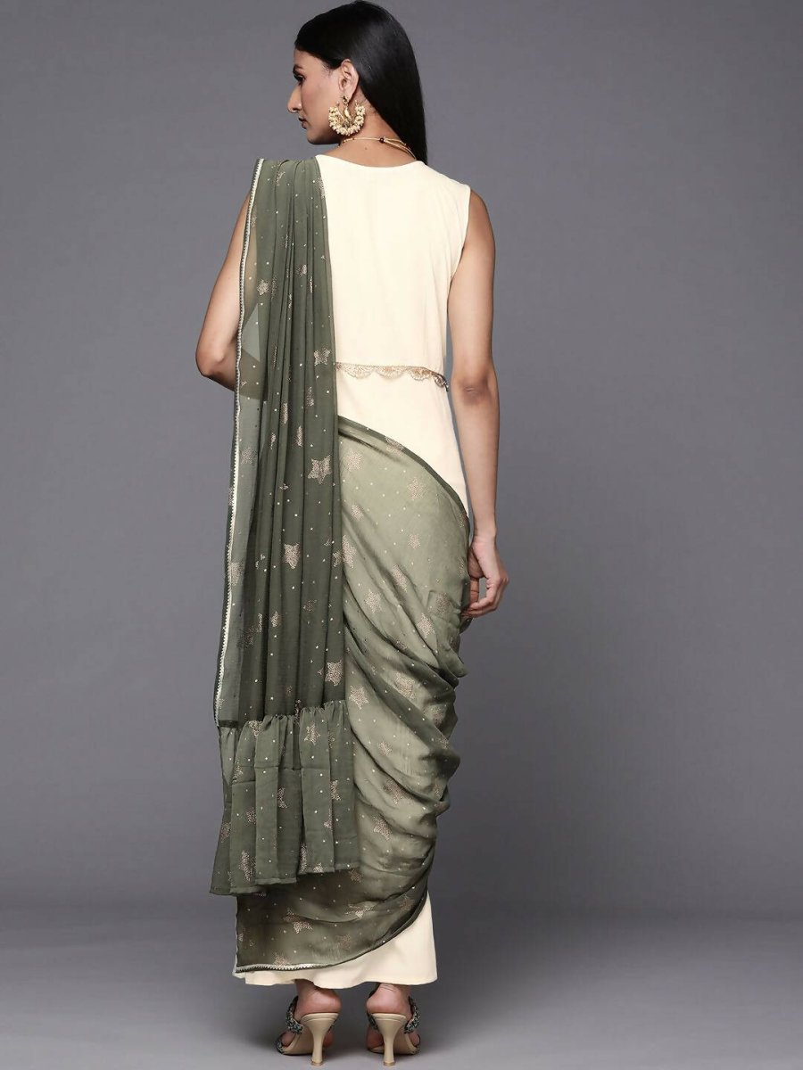 Ahalyaa Off White & Olive Green Ethnic Maxi Dress with Attached Dupatta | Grocsy