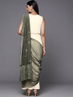 Ahalyaa Off White & Olive Green Ethnic Maxi Dress with Attached Dupatta | Grocsy