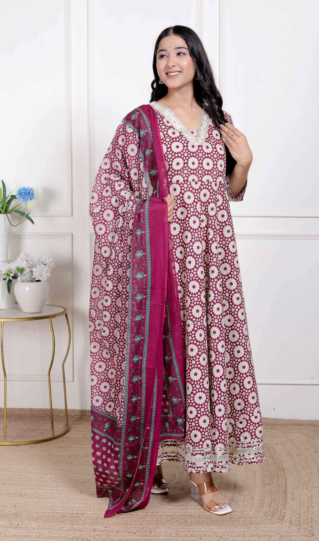 Miravan Women's Cream Embroidered Cotton Anarkali Kurta and Dupatta | Grocsy