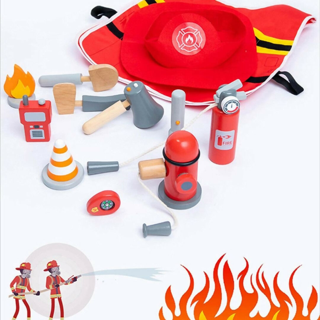 Nesta Toys Wooden Firefighter Pretend Play Toy with Fireman Costume Kit (14 Pcs) | Grocsy