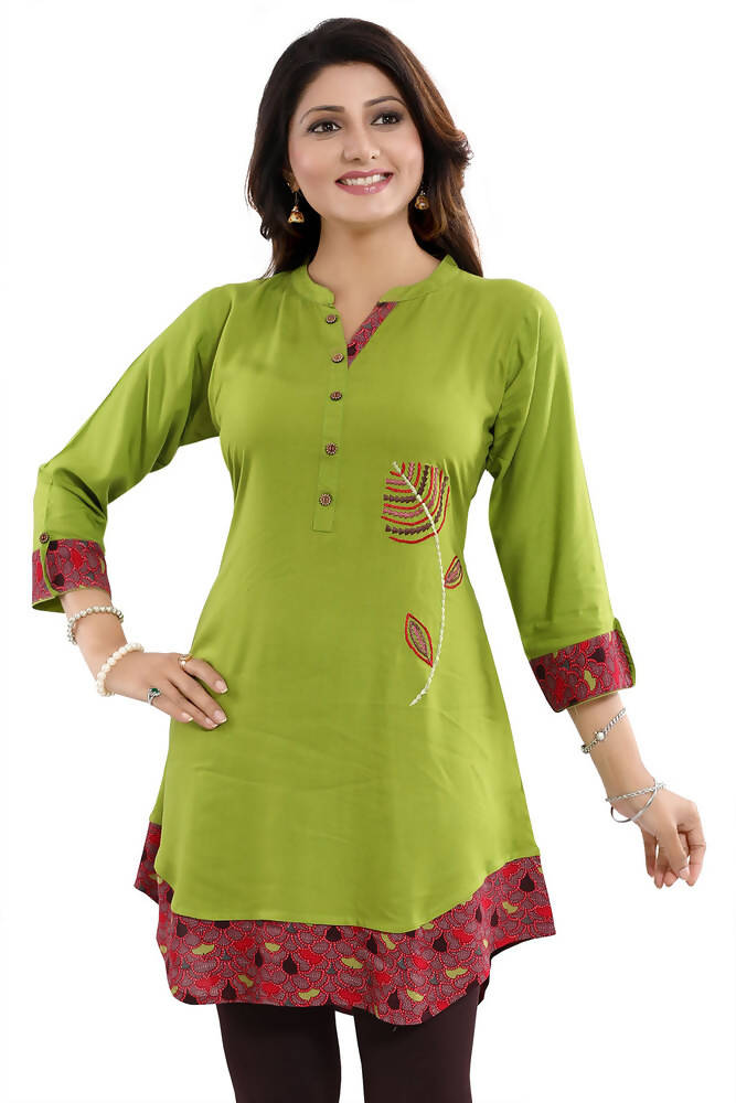 Snehal Creations Gorgeous Designer Green Rayon Embroidery Tunic | Grocsy