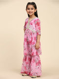 Alakhi Studio Girls Floral Georgette Printed V-Neck Kurta With Sharara - Pink | Grocsy