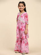 Alakhi Studio Girls Floral Georgette Printed V-Neck Kurta With Sharara - Pink | Grocsy