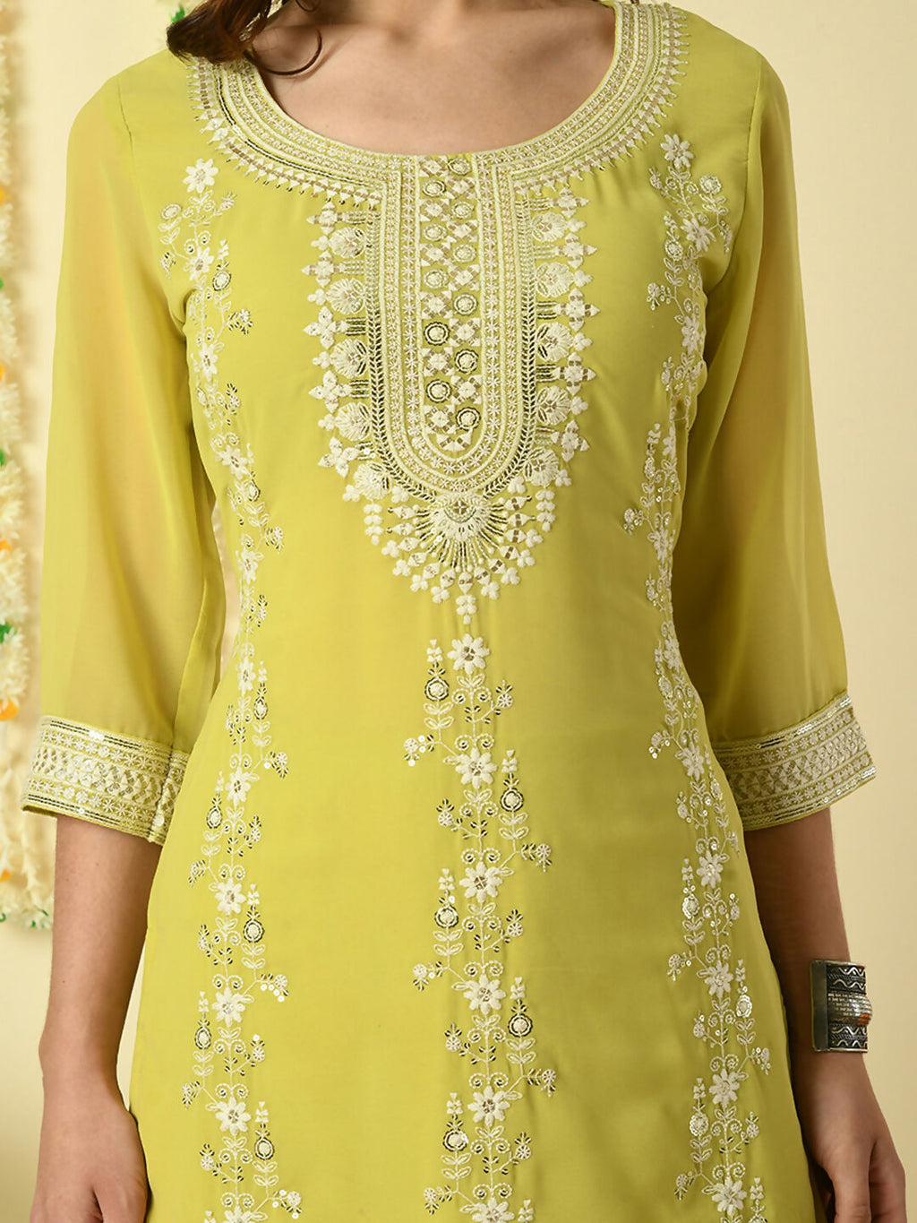 Myshka Women's Yellow Georgette Kurta & Skirt With Dupatta Party Sets | Grocsy