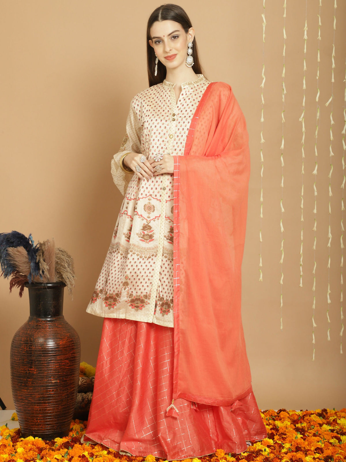Jyoti Fashion Women's Cream Chanderi Silk Elegant Jardoshi Semi Kurta with Trouser & Dupatta | Grocsy