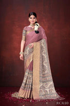 Pink Poly Habotai Silk Foil Print Saree with Unstitched Blouse - Kathari | Grocsy
