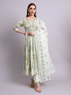 Joban Fashion Green Cotton Floral Printed & Embroidery Work Anarkali Kurta With Trousers & Dupatta Set | Grocsy