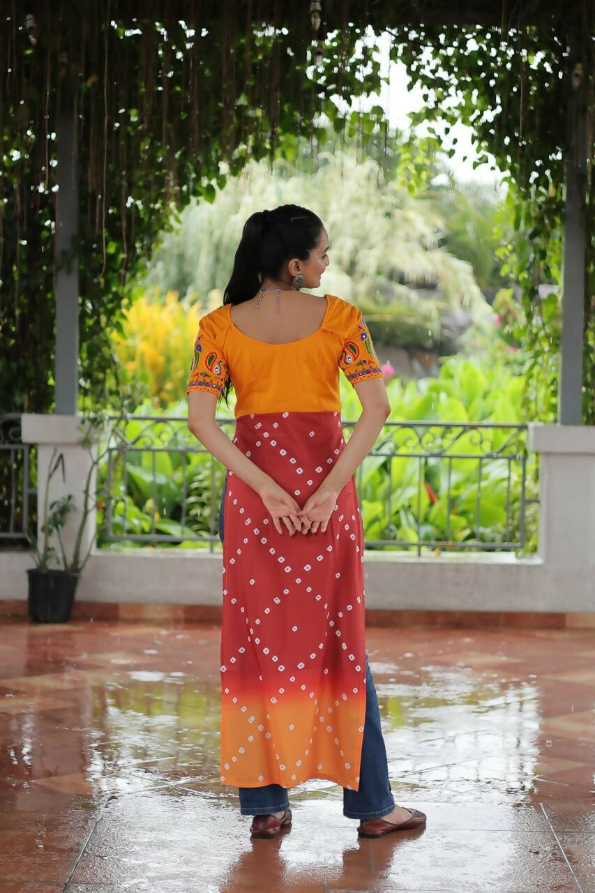 Vastranavya Yellow Navratri Special Kutchi Gamthi Work with Printed Kurti | Grocsy