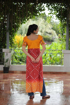 Vastranavya Yellow Navratri Special Kutchi Gamthi Work with Printed Kurti | Grocsy