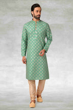 Raivat Ethnic Cotton Printed Work Kurta Pajama In Green Colour | Grocsy