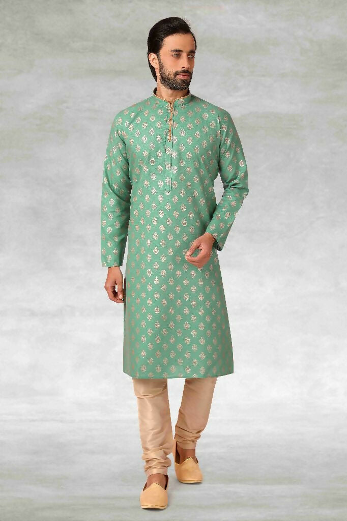 Raivat Ethnic Cotton Printed Work Kurta Pajama In Green Colour | Grocsy