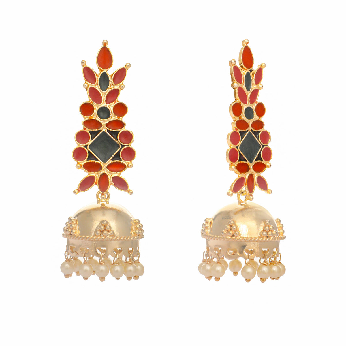 Nuyug 22K Gold-Plated Enamel & Beaded Dome Shaped Jhumka Earrings | Grocsy