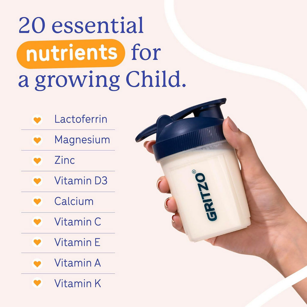 Gritzo SuperMilk Growth+ (Formerly Height+) Unsweetened Drink Mix (7-12y Boys), 10g Protein Powder (Creamy Vanilla) | Grocsy