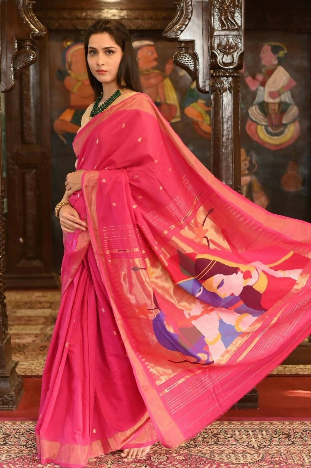 Very Much Indian Handloom Pure Cotton Paithani Radhakrishna Pallu-Rani Pink | Grocsy