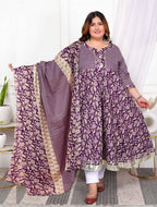 Miravan Women's Plus Size Purple cotton Floral Gota Lace Work Anarkali Kurta And Dupatta | Grocsy