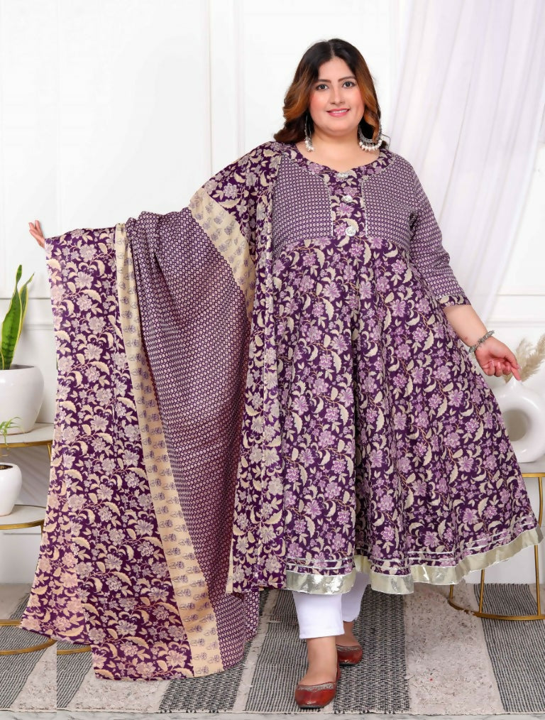 Miravan Women's Plus Size Purple cotton Floral Gota Lace Work Anarkali Kurta And Dupatta | Grocsy
