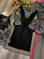 Vastranavya Black Viscose Velvet Cording Sequence Embroidery Work Suit With Dupatta | Grocsy
