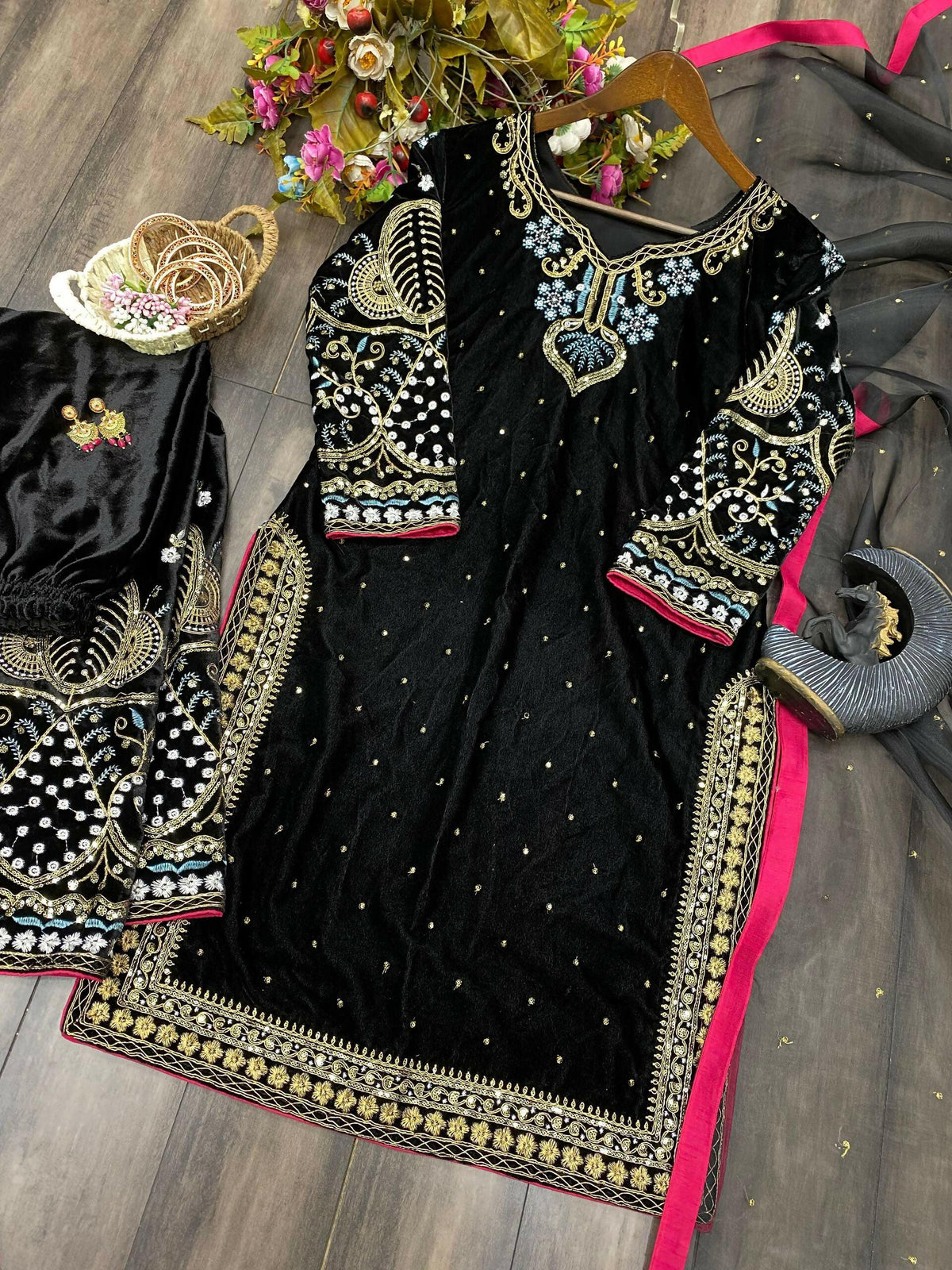 Vastranavya Black Viscose Velvet Cording Sequence Embroidery Work Suit With Dupatta | Grocsy