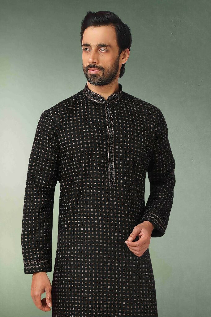 Raivat Ethnic Cotton Printed Work Kurta Pajama In Black Colour | Grocsy