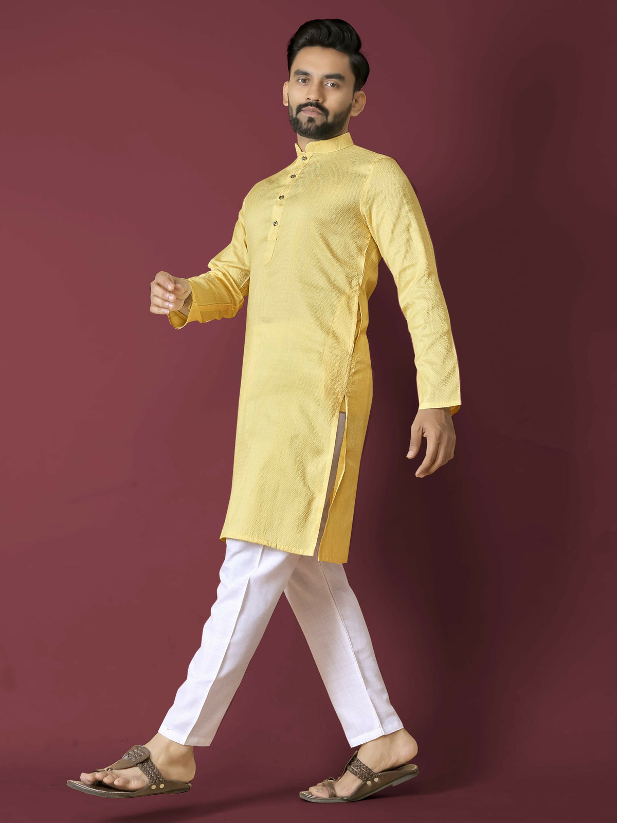 Anaita Yellow Solid Soft Jacquard Silk Straight Kurta | Grocsy