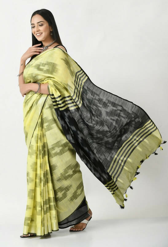 Mominos Fashion Moeza Lemon Yellow & Black Bhagalpuri Handloom Ikat Pure Cotton Saree with unstitched Blouse piece | Grocsy