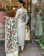 The52 Off White Women's Gorgeous Embroidered Viscose Chanderi Fabric Straight Kurta Pant with Dupatta Set | Grocsy