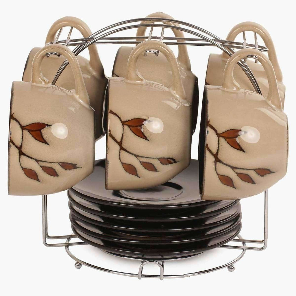 Home Centre Caraway Cup and Saucer- Set of 13 Pcs - 220 ml - Brown | Grocsy