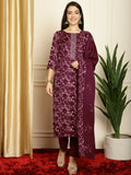 Jyoti Fashion Women's Wine Pashmina Floral Digital Printed Kurta with Trouser & Dupatta | Grocsy