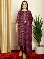 Jyoti Fashion Women's Wine Pashmina Floral Digital Printed Kurta with Trouser & Dupatta | Grocsy