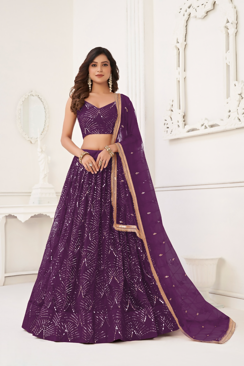 Eilara Wine Thread Sequin Embroidered Net Lehenga Set | Grocsy