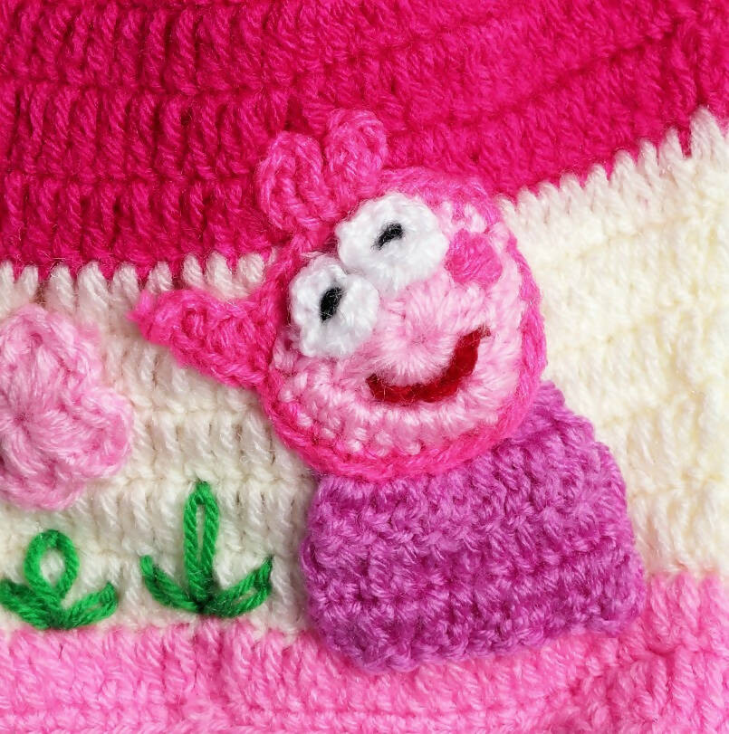 Chutput Kids Woollen Hand Knitted Flower And Animal Detailed Cap - Pink | Grocsy