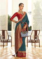 Teal Soft Banarasi Paithani Copper Zari Weaving Saree With Unstitched Blouse Piece - Jodha | Grocsy