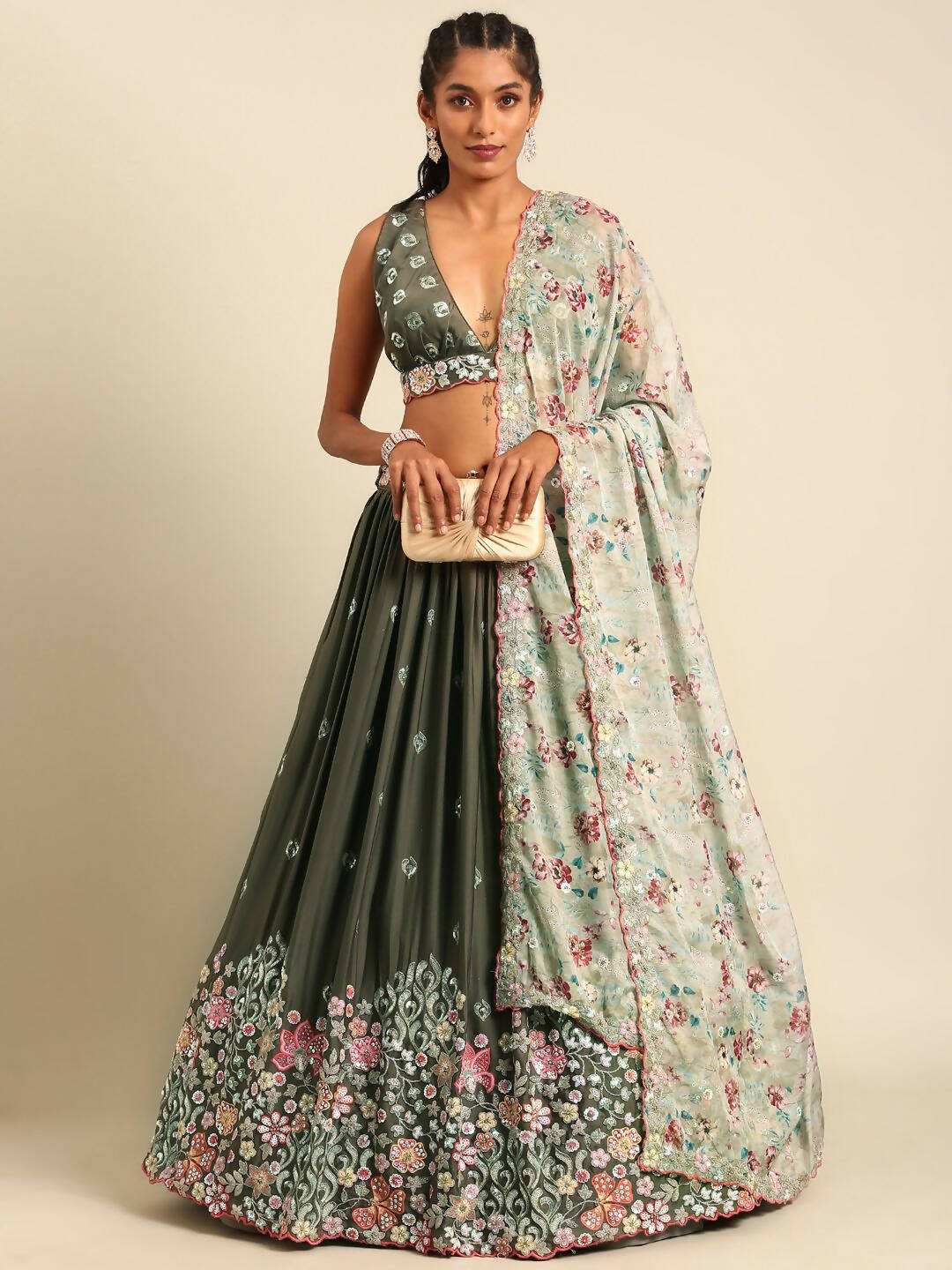 House of Panchhi Olive Chinon Sequins embroidery Lehenga choli & Dupatta | Grocsy