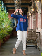 Juniper Women's Blue Solid Cotton Short Tunic With Thread & Mirror Work | Grocsy