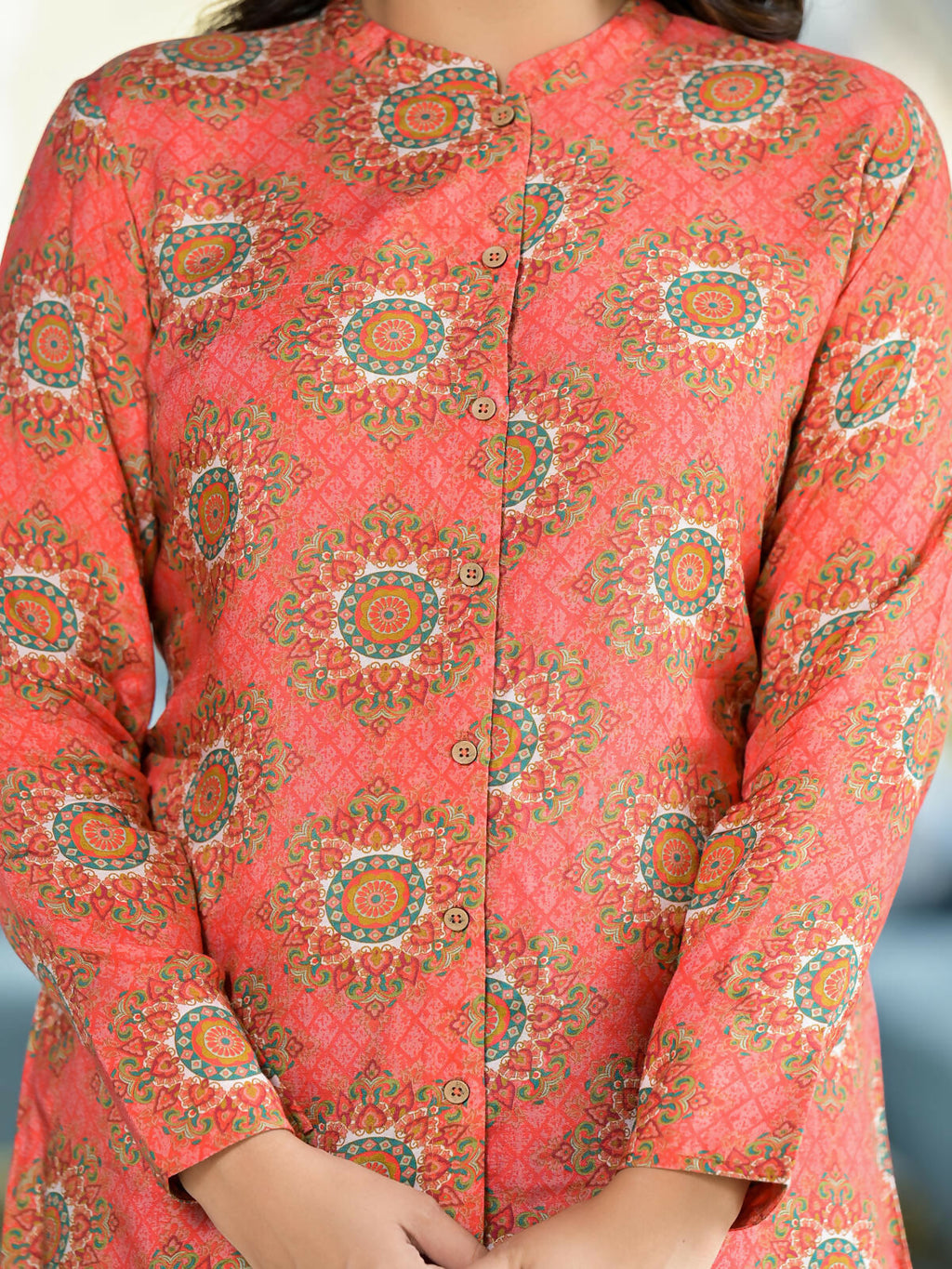 Juniper Women's Orange Ethnic Motif Printed Viscose Tunic With Buttons Detailing | Grocsy