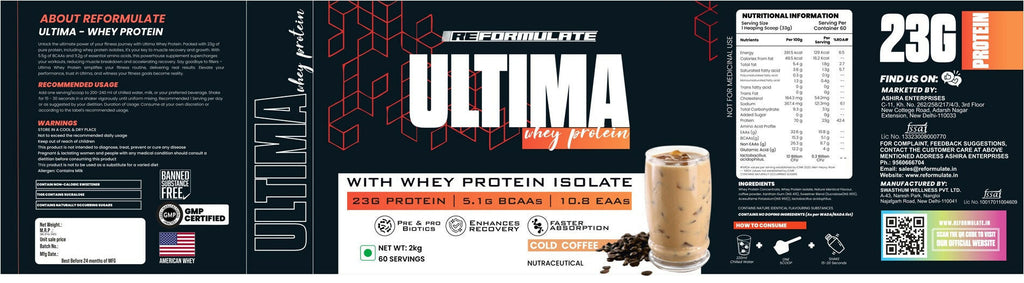 Reformulate Ultima I Whey Protein with Isolate I 23 G Protein I 5.1G BCAA I 10.8 EAA I Pre & Probiotics - Cold Coffee | Grocsy